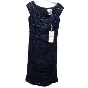 Let’s Fashion N.W.T. Medium Navy Blue‎ Sequins Midi Dress.Cocktail,Ruched,Zipper